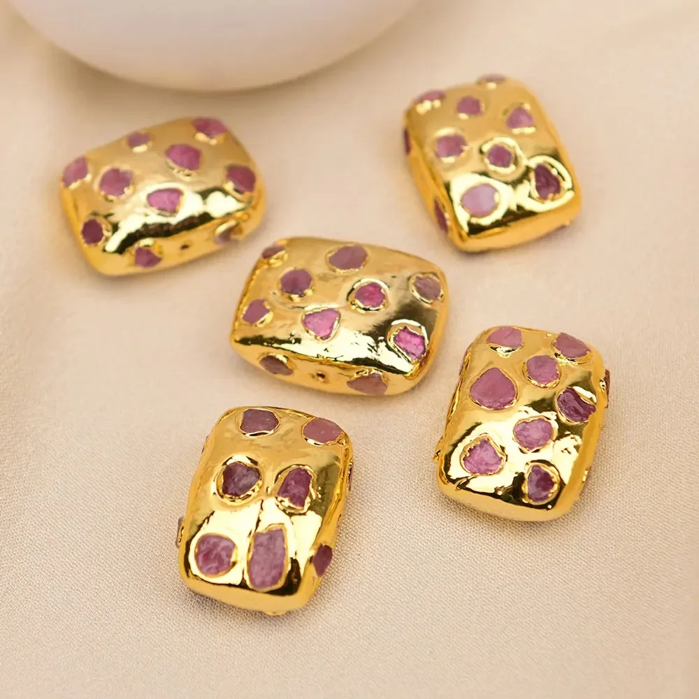 5 Pcs Big Gold Edged Natural Red Tourmaline Rectangle Beads Gold Trim Accessories Jewelry Findings DIY