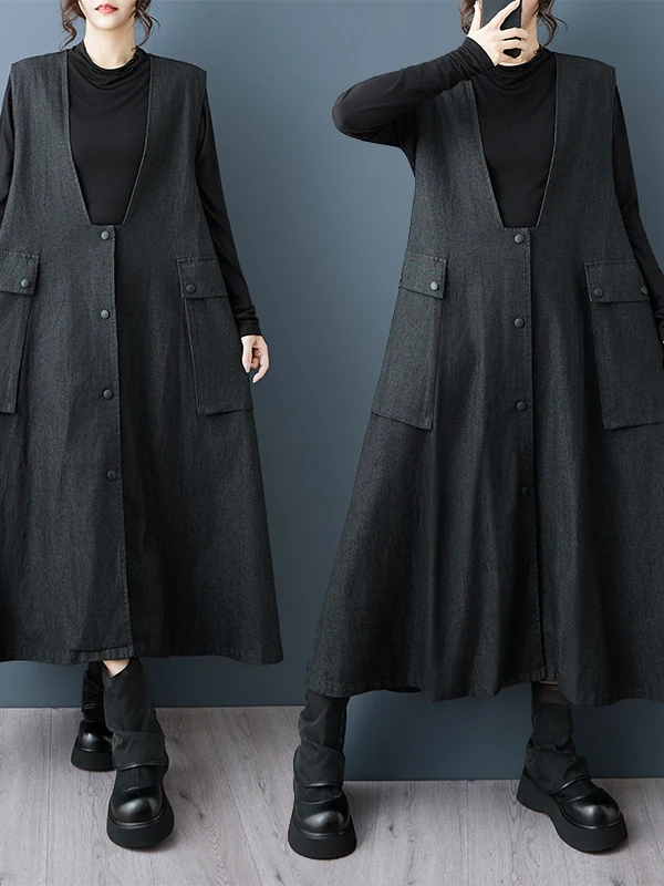 Authentic Autumn Fashion Dark Style Strap Dress Midi Length Denim Vest Skirt Women's Versatile Outerwear Polyester Fiber