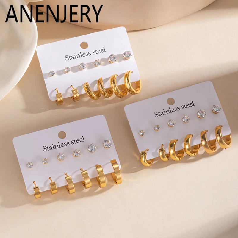 ANENJERY 316L Stainless Steel Round Sparkling Zircon Stud Earrings Set For Women Temperament Simply Luxury Niche Jewelry Gift