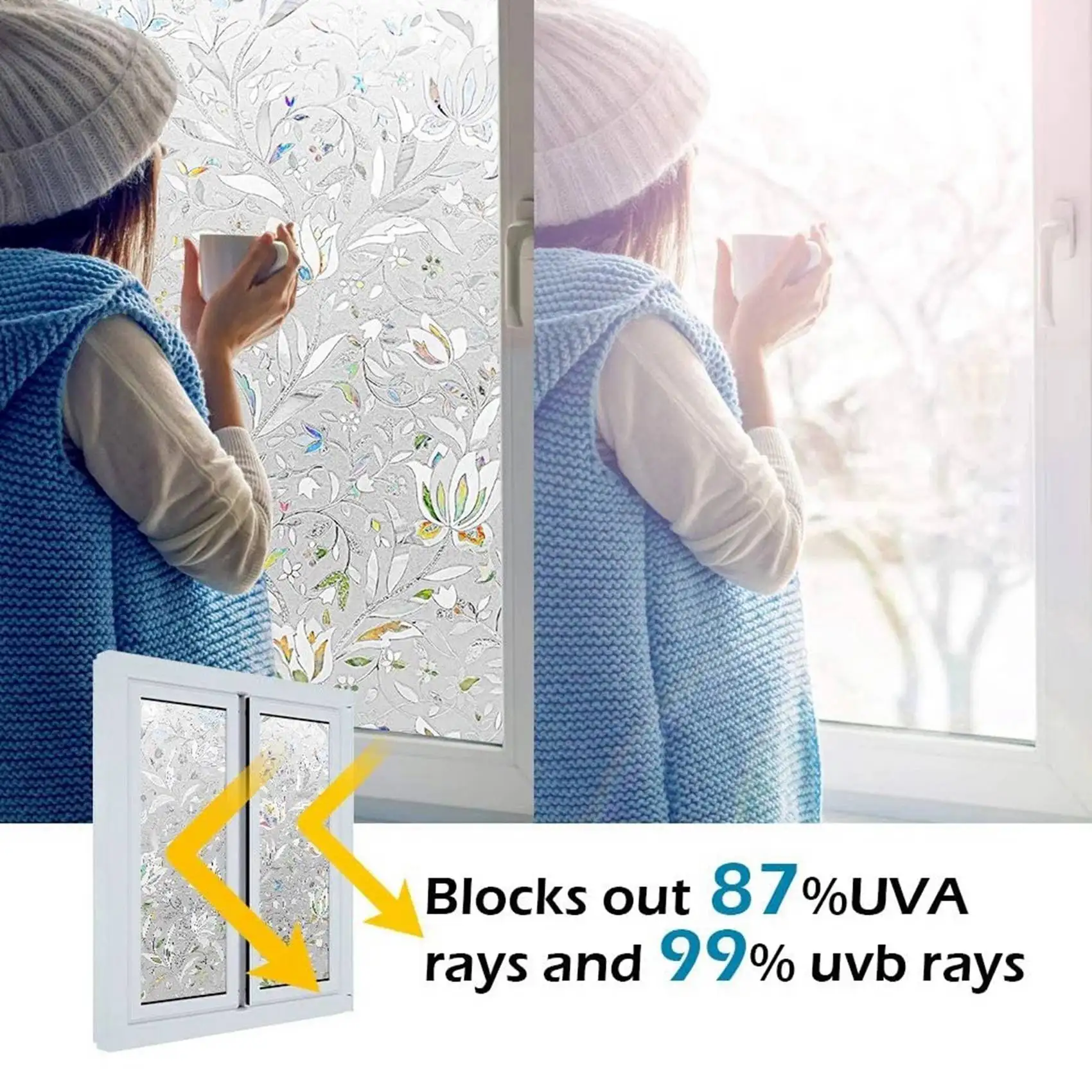 ABVJ-2X 3D Rainbow Window Film Stained Glass Vinyl Static Non Adhesive Film Opaque Privacy Protective Tint -45X100cm