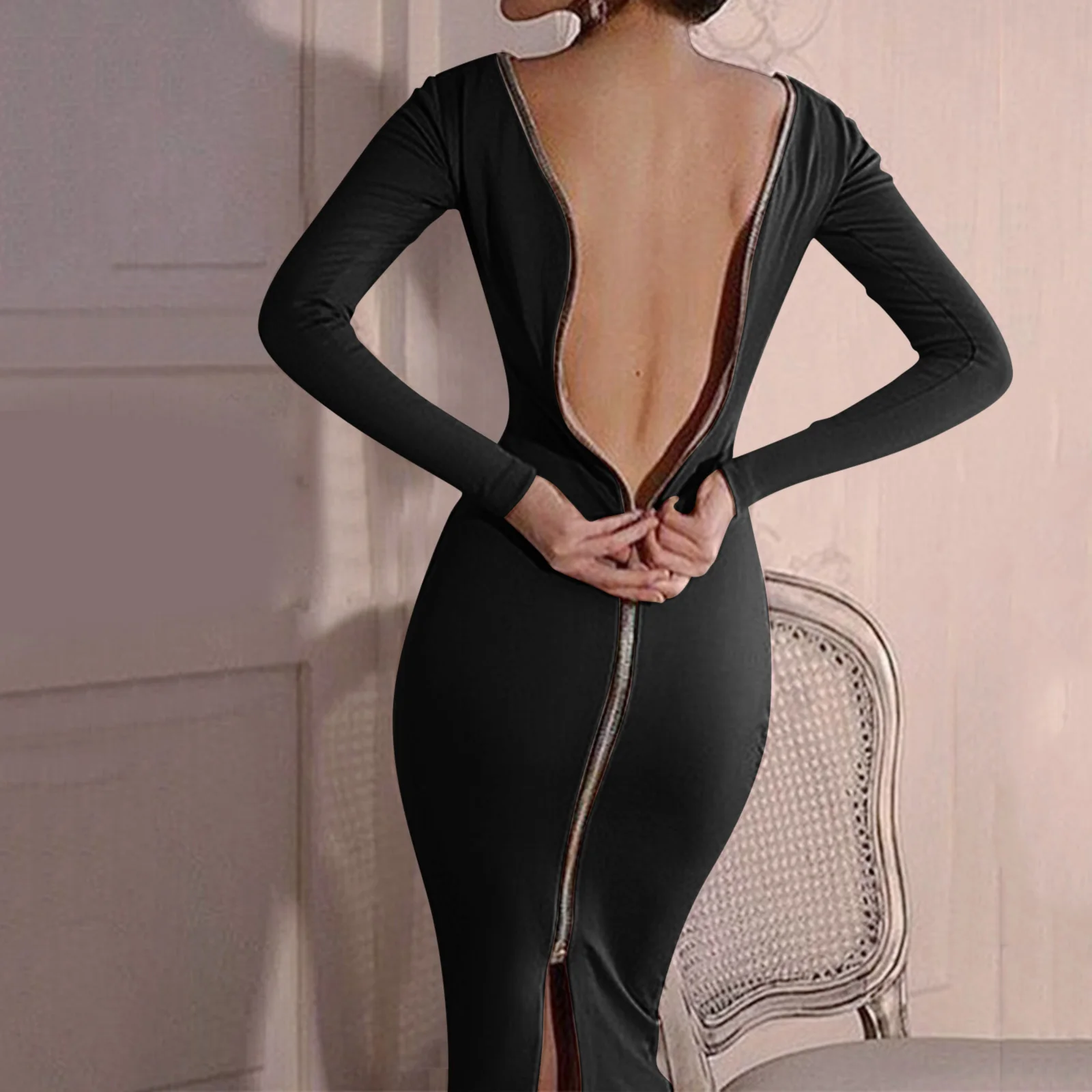 

Zipper Back Dress Women Long Sleeve V Neck Slit Hem Drape Front Midi Dress Ethnic Elegant Fall Party Nightclub Dresses Vestidos