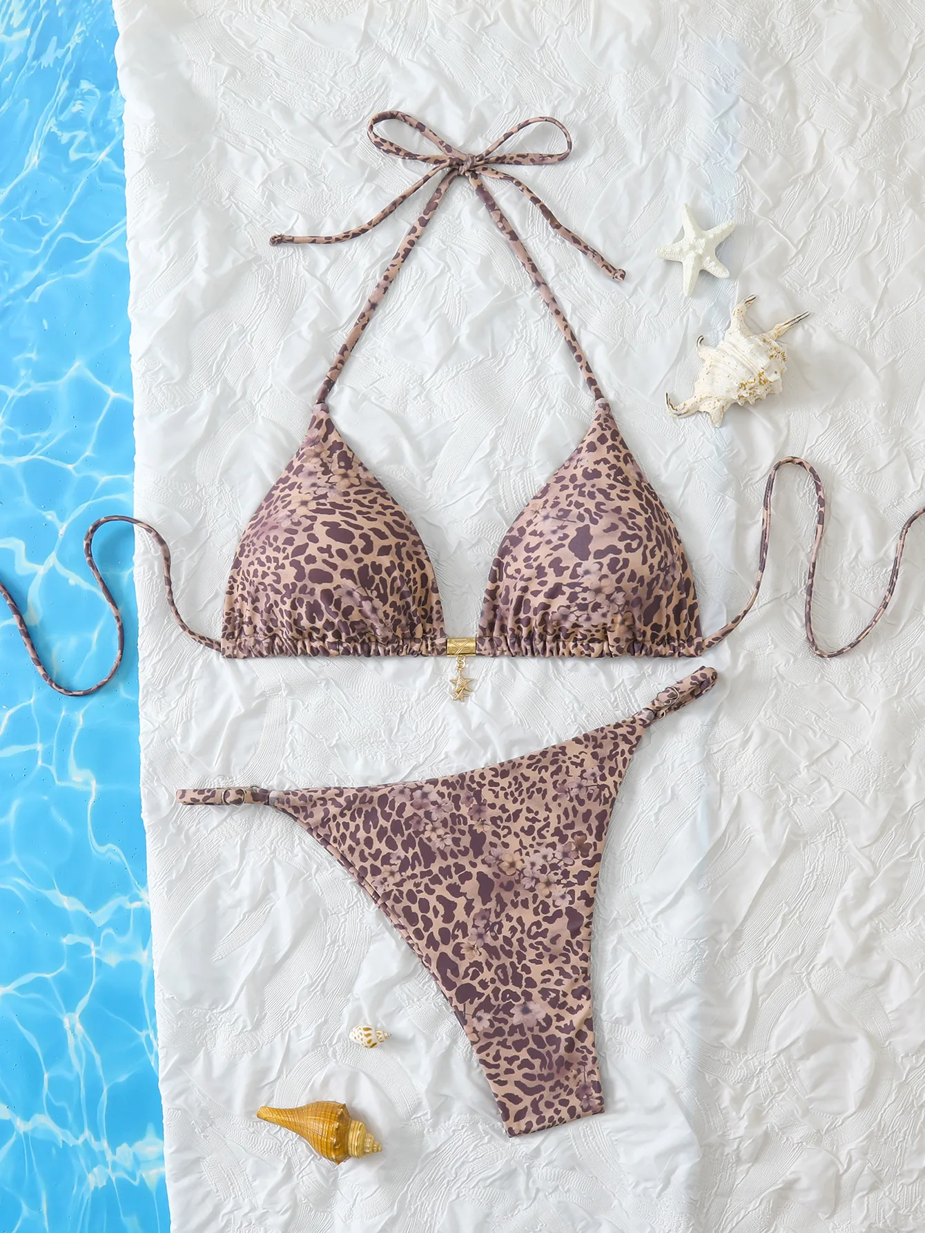 sexy leopard flower print bikinis sets two pieces star pendant swimsuits bathing suit swimwear beach outfits biquini tankini