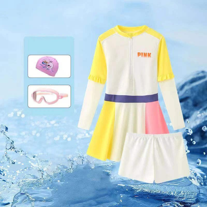 

Children's Swimwear Girls Fashion Swimming Training (swimsuit +goggles+ legging+cap）4 pieces Sets Swimsuit