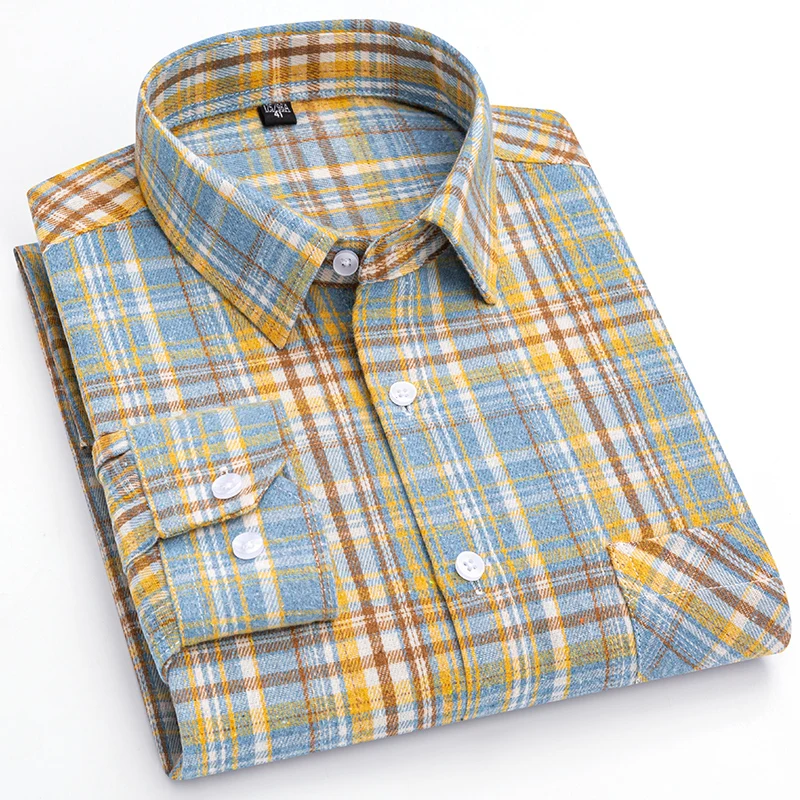 

plus size 100%sanding long-sleeve shirts for men casual slim fit formal plain shirts plaid striped elegants designer clothes