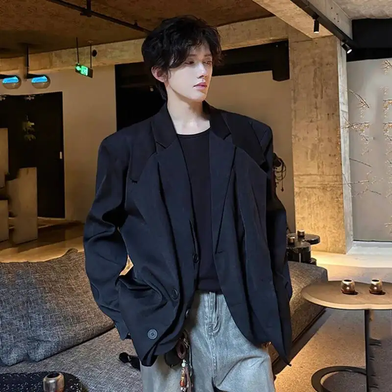 Niche Design Men's Suit Jackets Solid Color Double Layers Shoulder Padded Lapel Single Breasted Loose Male Blazers 9WI3NV