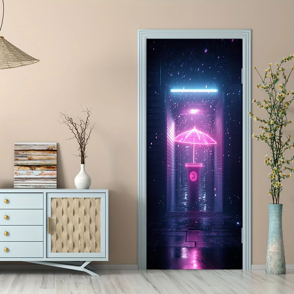 1pcs Self-Adhesive Removable Vinyl Door Stickers Future Technology Neon Rain Lane Door Sticker, Cyberpunk Luminous Umbrella Pat