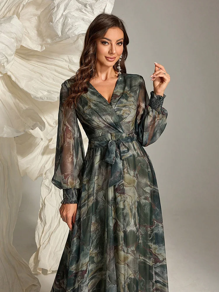 TOLEEN Women\'s Cross Wrap Summer Long Sleeve Dress 2024 New Spring Casual Elegant Floral Print Belted Formal Party Maxi Dresses