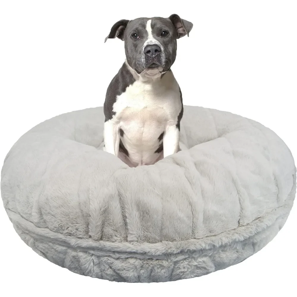 

Bagel Dog Bed - Extra Plush Faux Fur Bean Circle Waterproof Lining & Removable Washable Cover Calming Bed|