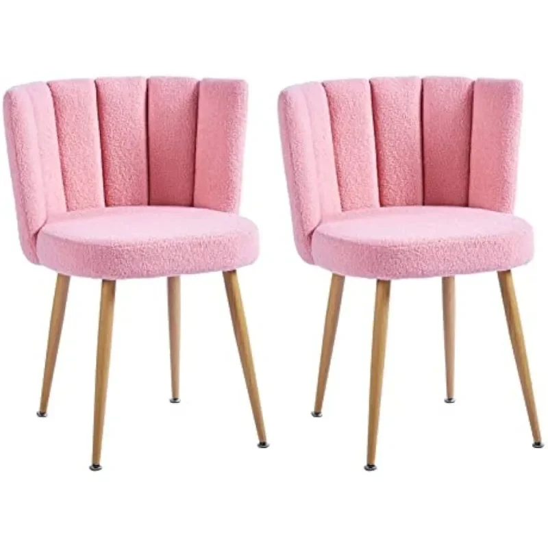 Pink Sherpa Accent Chairs Set Of 2, Mid Century Modern Upholstered Side Chairs For Dining Room Living Room Bedroom Vanity