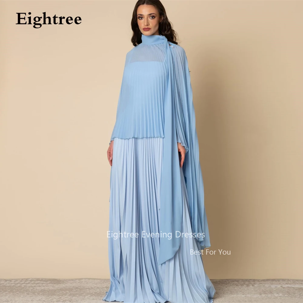 Eightree-Vestidos de Noche de gasa azul cielo, traje de cuello alto, plisado, 2 piezas, en la playa para fiesta, ocasiones especiales