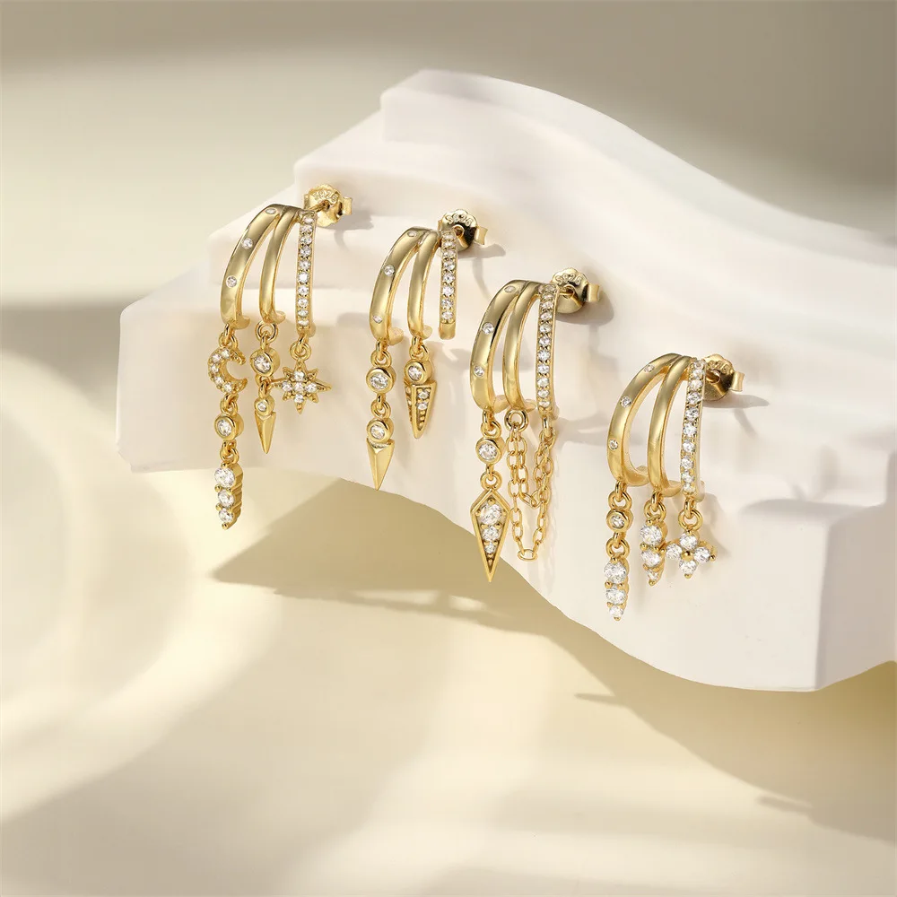 F.I.N.S New 925 Sterling Silver Gold Star Moon Rivet Stud Earrings Fringe Tassel Chain Piercing C-Shaped Ear Fine Jewelry Gifts