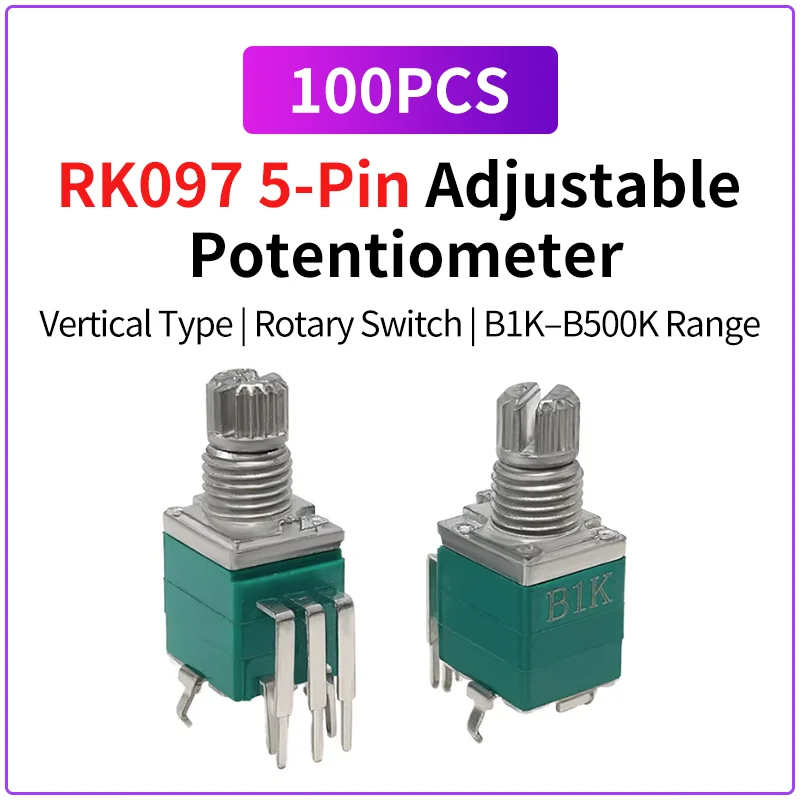 100PCS RK097 Potentiometer 5Pin Vertical With Switch 10mm Shaft B1K B5K B10K B50K B100K B500K Single Turn