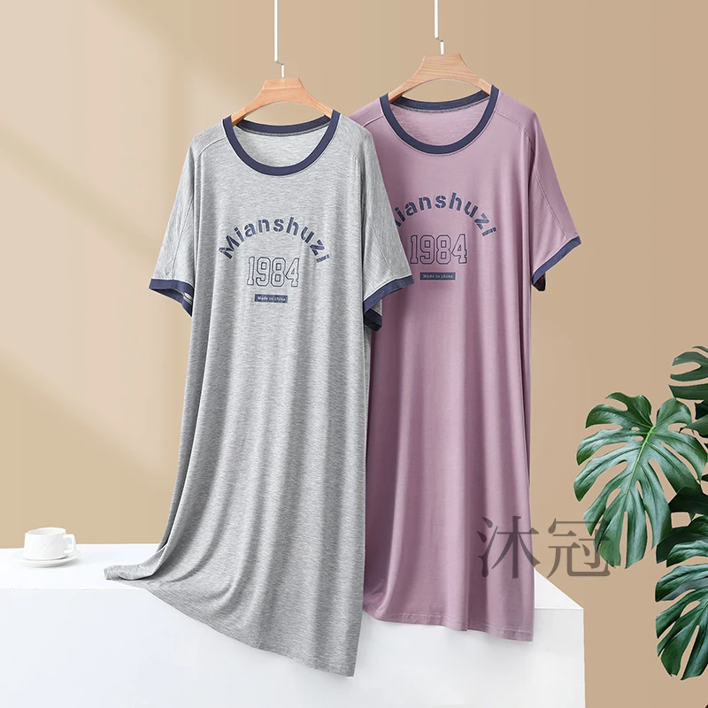 夏のカジュアルな女性用モーダルプリントスリープドレス、コットンパジャマガウン、屋外着用、快適で通気性のある半袖ミディドレス