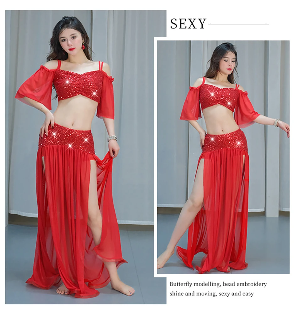 مجموعة أزياء الرقص الشرقي للنساء، بلوزة وتنورة شبكية ترتر وأكمام قصيرة لملابس ممارسة أداء المسرح للبالغين