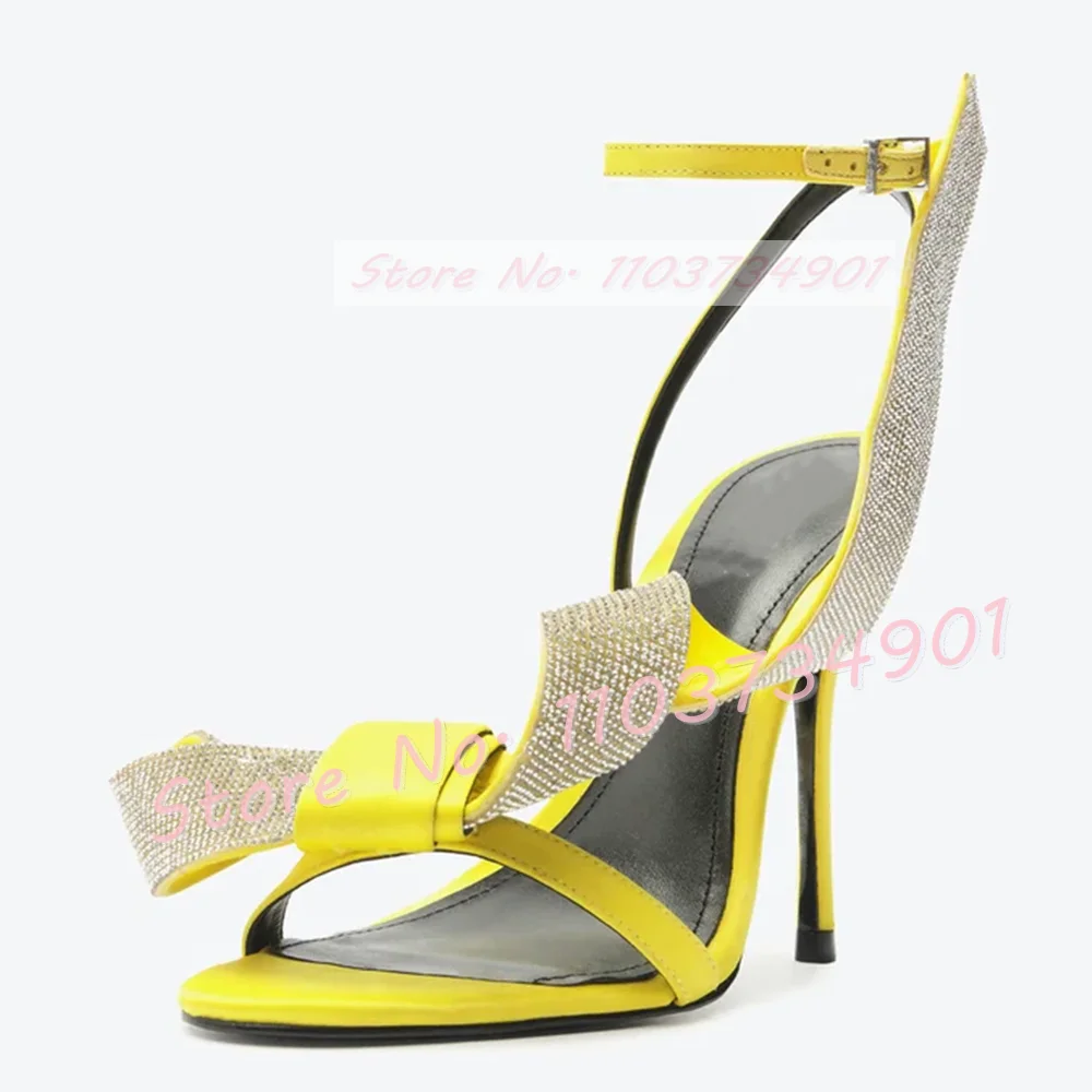 Yellow Crystal Ribbon Wrap Sandals Women Sweet Bowknot Open Toe Thin High Heels Sandals Classy Cross Strap Satin Big Size Shoes