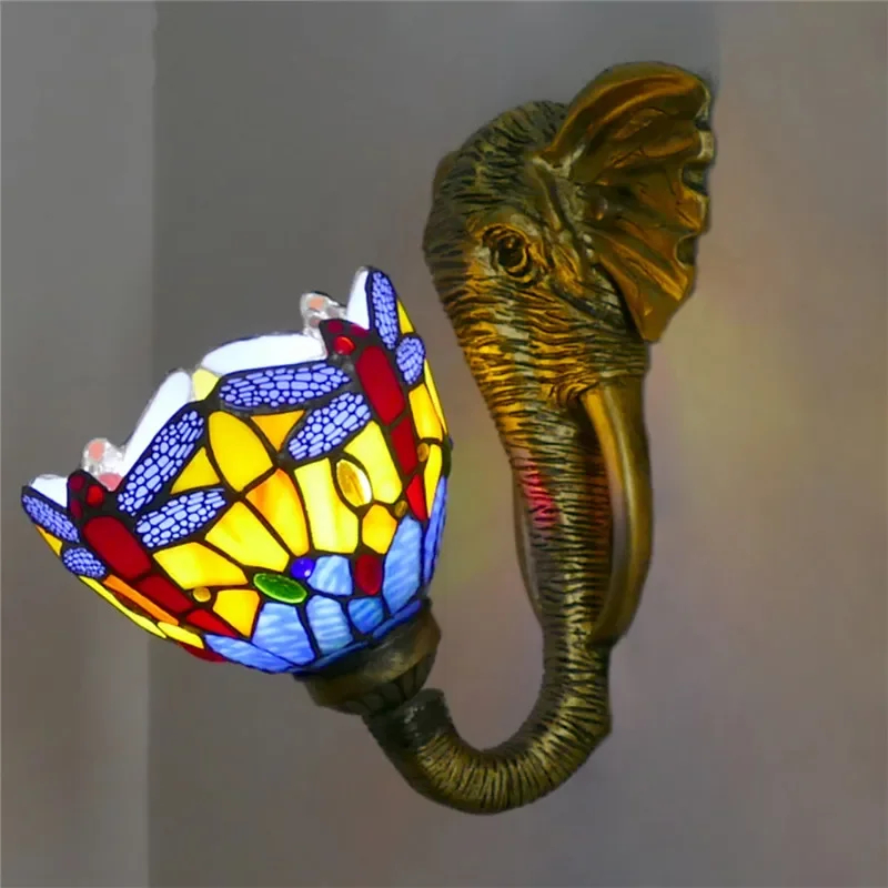 SEAN Tiffany Elephant Wall Lamps Vintage Bedroom Bathroom Mirror Front Lamp Hotel Restaurant Stained Glass Wall Lamp