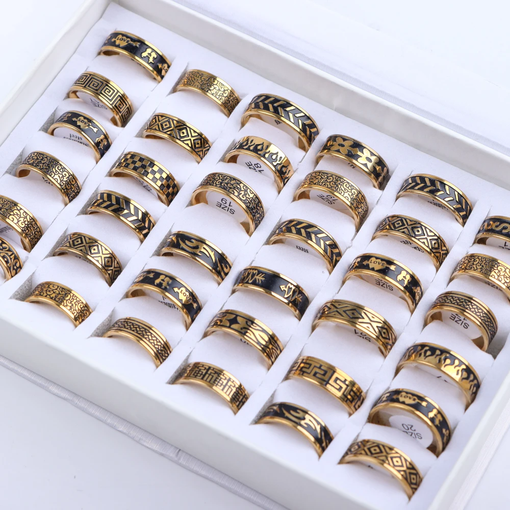 10Pcs/Lot Trendy Classic Men\'s Women\'s Oil Dripping Stainless Steel Rings, Retro Jewelry Gifts, Mixed Style