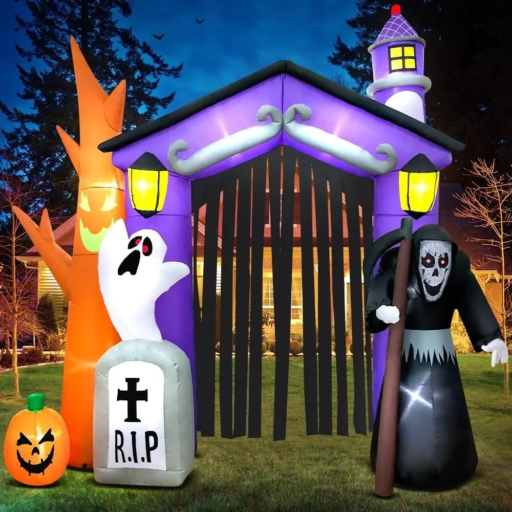 9 FT Halloween Inflatables Haunted House Castle Archway Decoration with Led Light for Halloween Holiday Party Lawn Yard  Decor