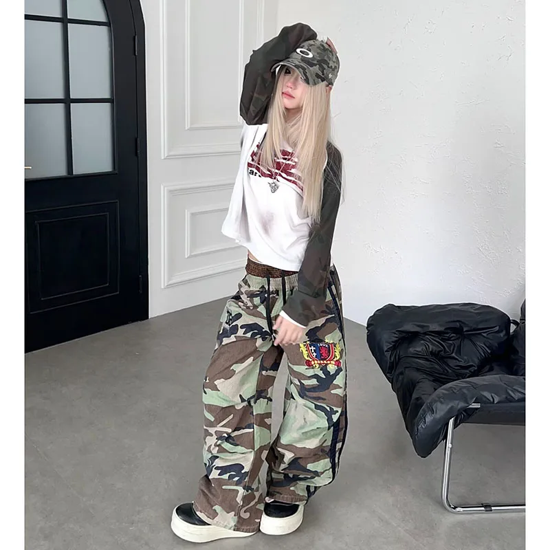 Women American Double Waistband Trendy Long Pants Lady Autumn Loose Camo Hip‑Hop Style Fashion Unique Casual Trousers