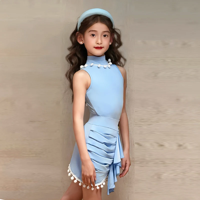 

Latin Dance Costume For Girl Tango Samba Dance Practice Clothes Kids Cha Cha Performance Wear Blue High-Neck Dancer Set VBH1301
