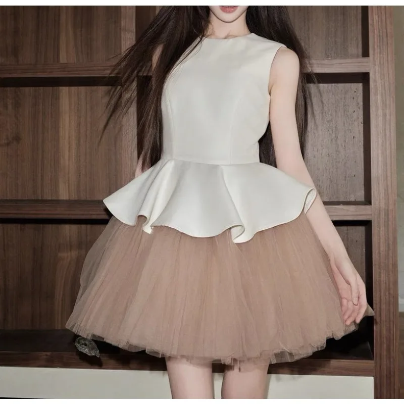 

2026 Ballet Style Sleeveless Crew Neck Splicing Mesh Tutu Dress Dress Women's Summer