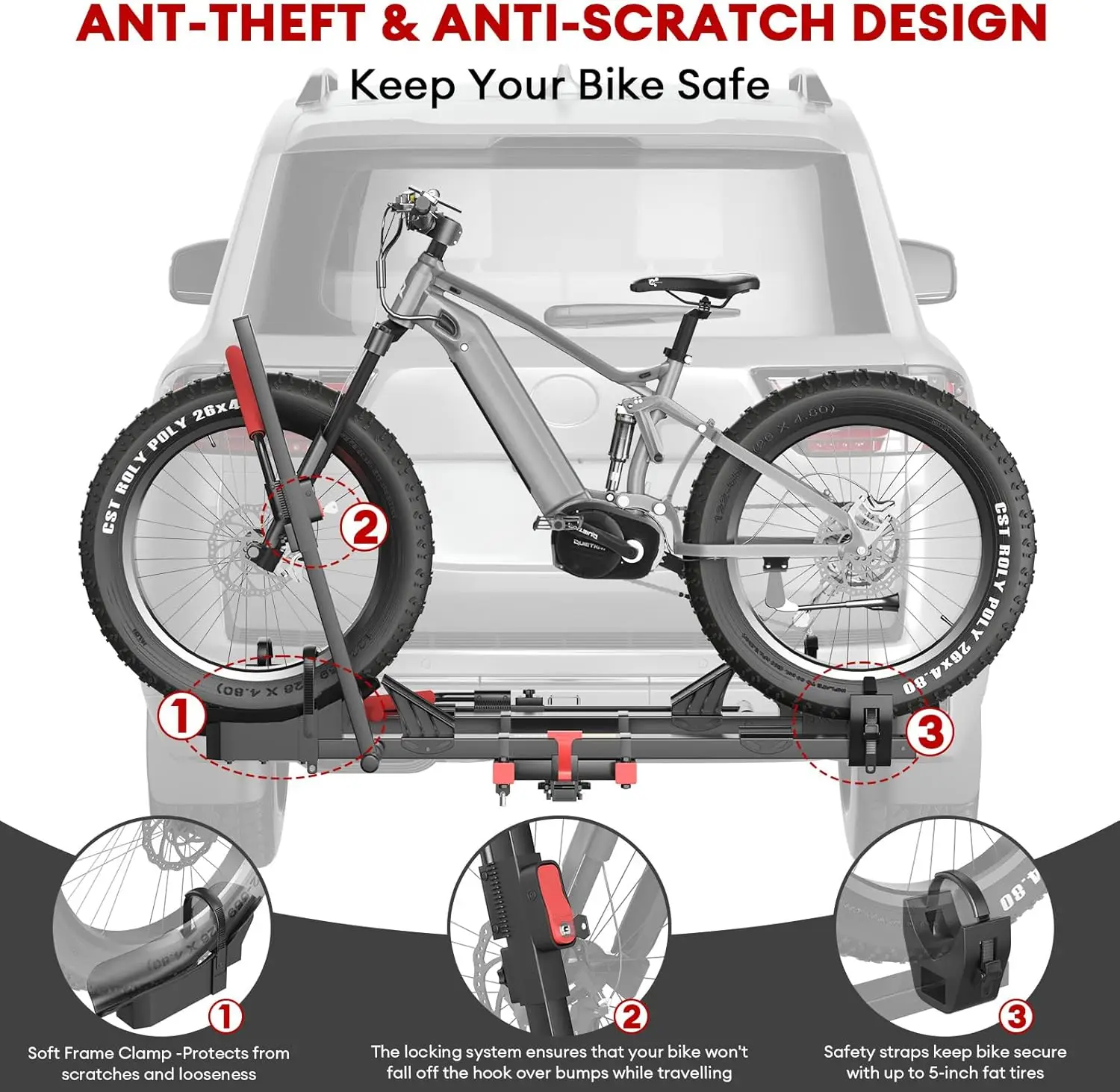 Foldable Hitch Mount Bike Rack with Ramp, 170lbs Capacity for 2 Heavy Ebikes, Fits Cars SUVs RVs Trailers