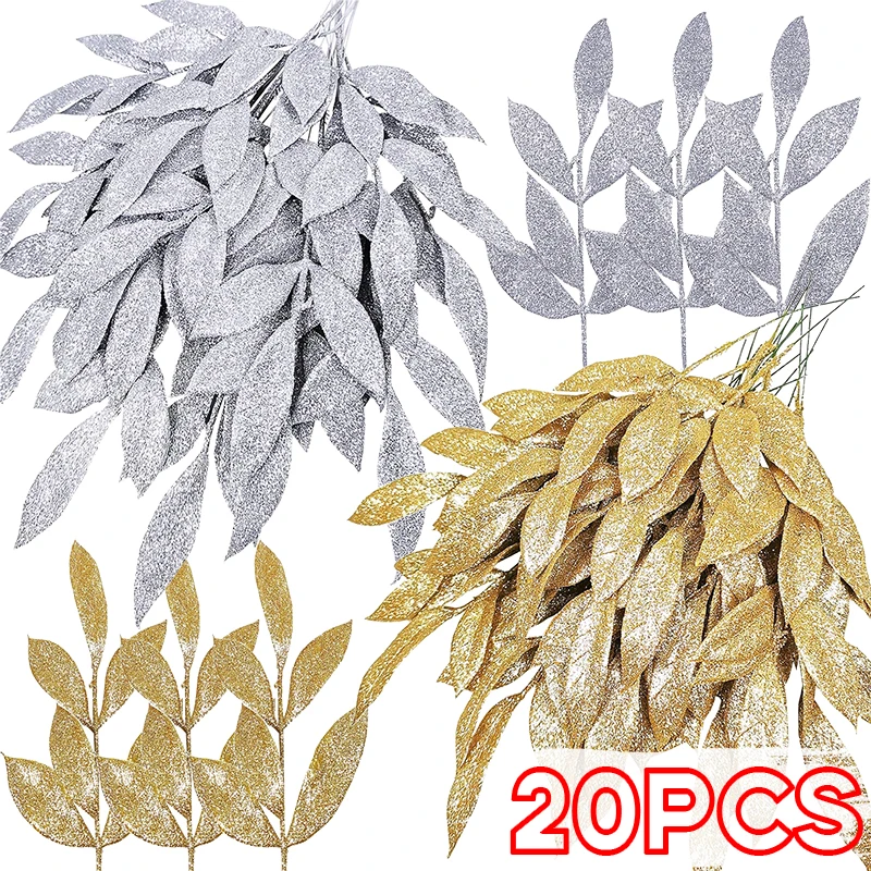 Wholesale Artificial Glitter Leaves Christmas Plastic Gold Silver Olive Leaf DIY Xmas Tree Ornaments Fake Plant Home Party Decor