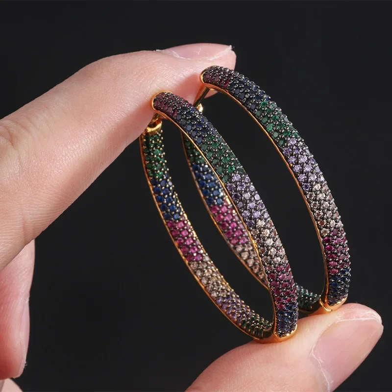 FXLRY Luxury Colorful Hoop Earrings Gold Color Rainbow Cubic Zirconia Round Big Earings For Women Fashion jewelry