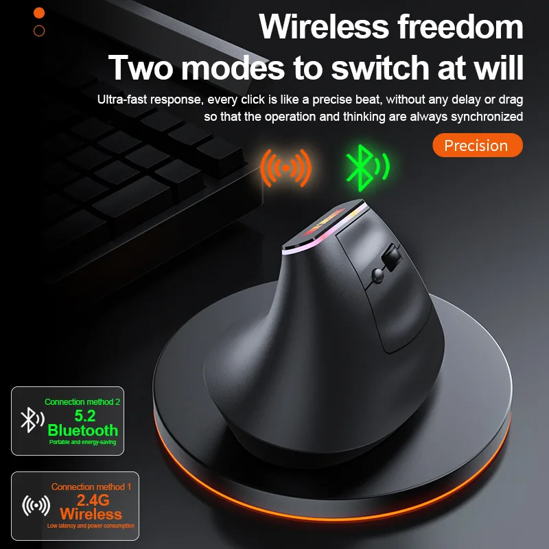 Vertical Mouse Ergonomics Design RGB Light Effect 2.4G Bluetooth Dual-mode Rechargeable Office Use Comfortable Grip Mause