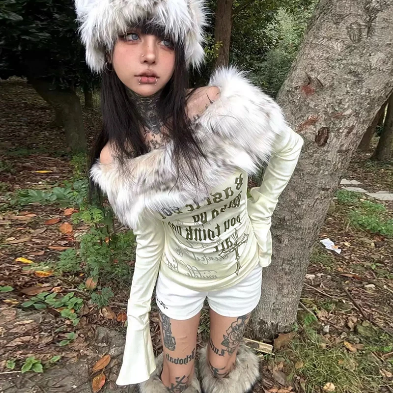 Genayooa Vintage Y2k T Shirt Women Off Shoulder Janapese 2000s Fur Collar Tops Fairycore Print Graphic Tops Aesthetic Grunge Top
