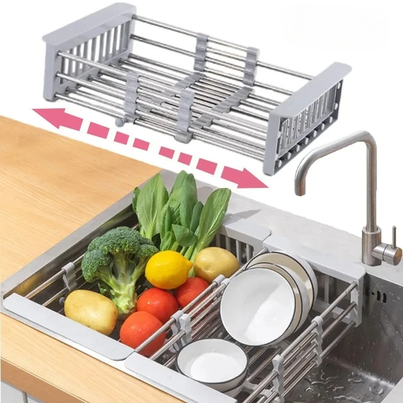 JIT+1pc Stainless Steel Retractable Drain Basket for Kitchen Sink - Multifunctional Water Tank Rack for Vegetable and Fruit - Co