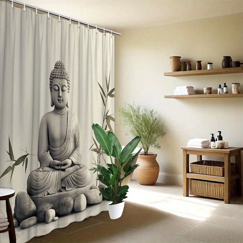 Zen Buddha Shower Curtain Meditating Statue and Stones Print Waterproof Polyester Bathroom Decor Bath Curtain Set