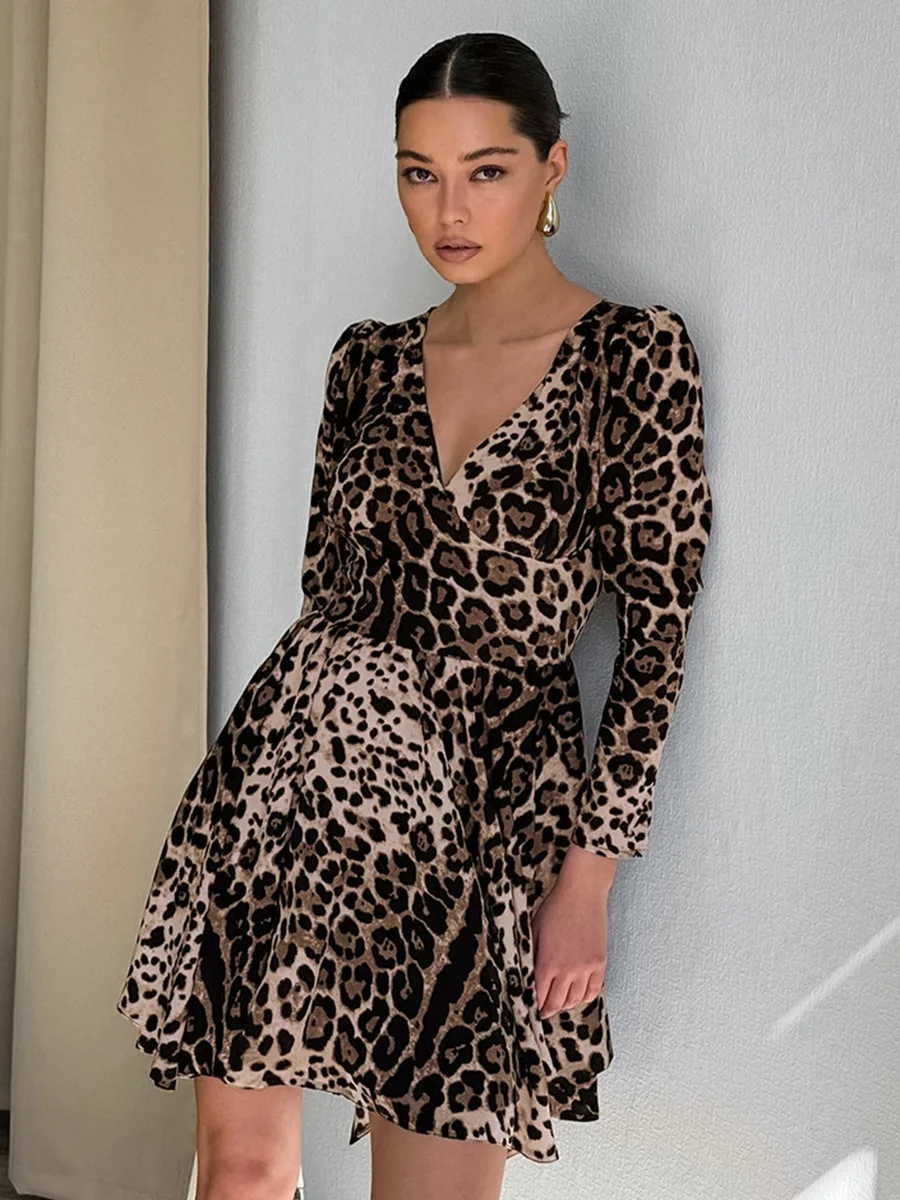 

HZXVic Women's Leopard Print Dress V-Neck Long Sleeve Waist Cinched A-Line Skirt Short Base Layer Women's Clothing