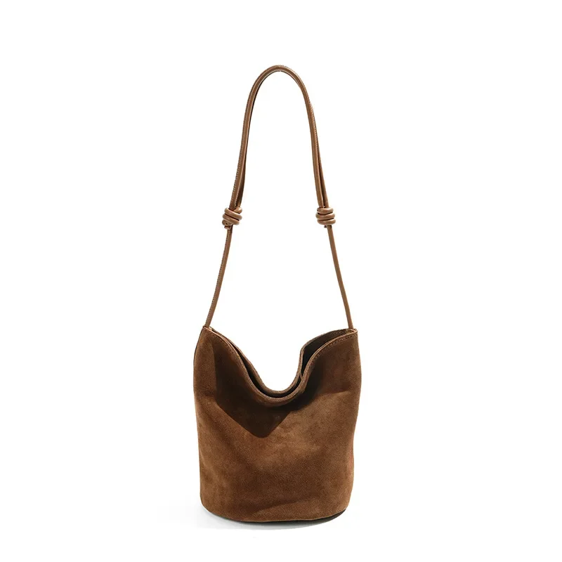 [Premium] Natural Suede Casual Tote Bag Plus Size Genuine Cowhide Bucket Bag With Adjustable Shoulder Strap