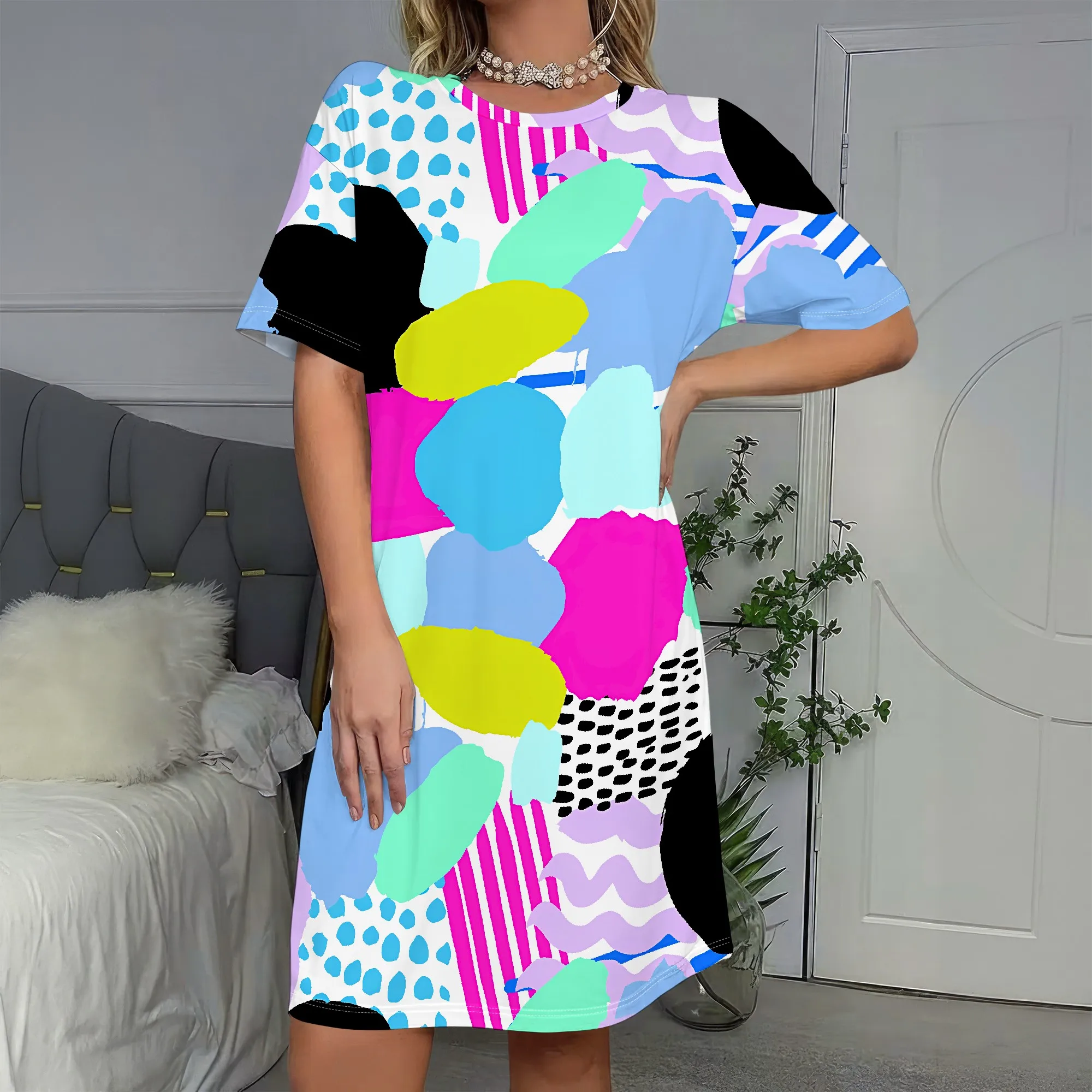

Abstract Art Print, Short Sleeve Dress, Colorful Dots, Geometric Shapes, Summer Beachwear, Casual Party Wear, S-2XL