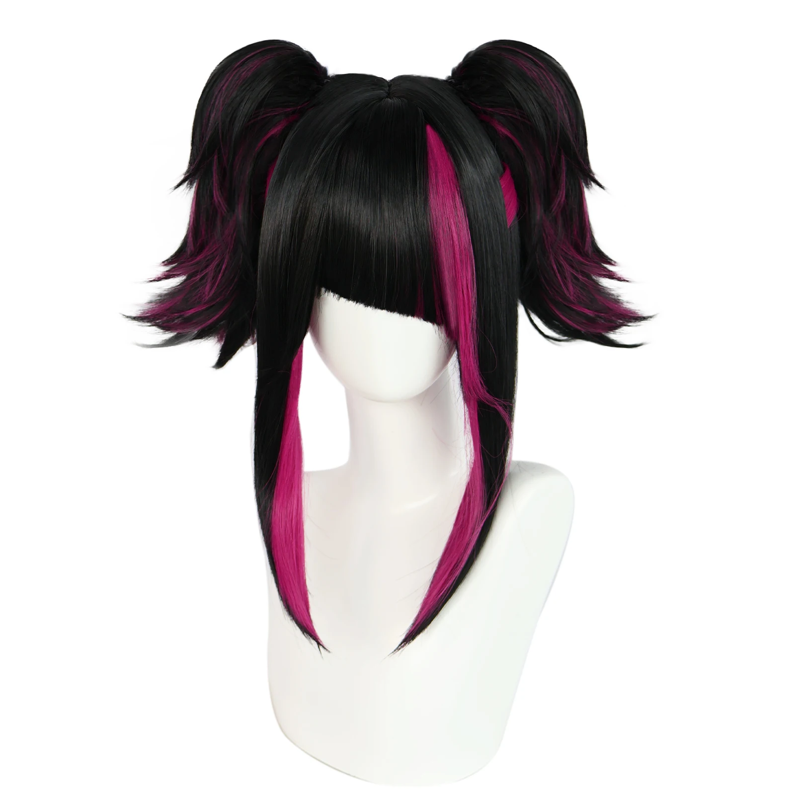 

Medium Length Straight Synthetic Black With Rose Red Double Clip On Ponytails Cosplay Wig For Women Cosplay Anime Character Wig