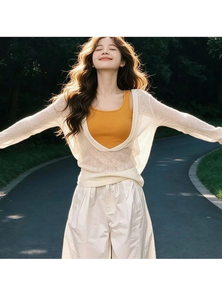 Summer 2026 Women's Vacation Style Long Sleeve Sun Protection Cover up Tank Top Set Slimming round Neck Loose Fit T-Shirt