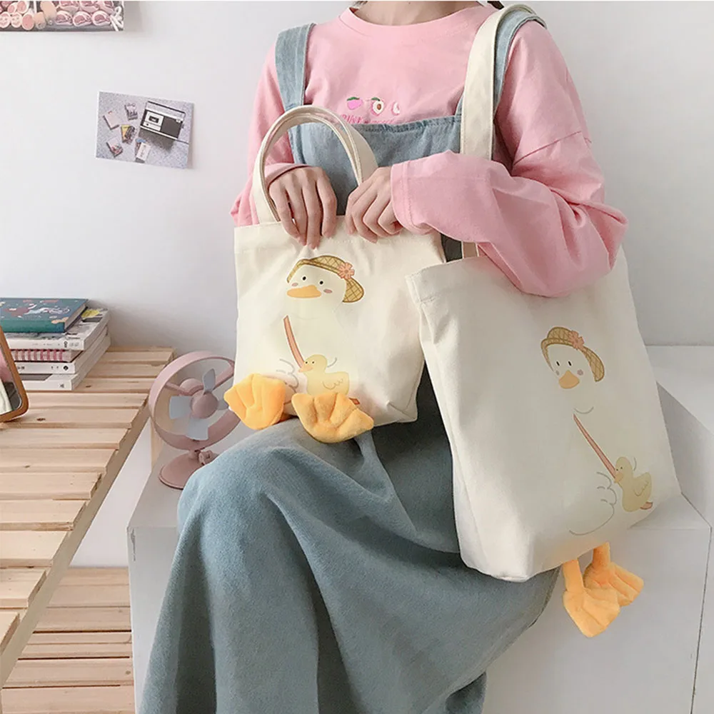 Fashion Canvas Cartoon Handbags Eco Duck Print Large-Capacity Shopping Bag Soft Duck Embroidery Crossbody bag