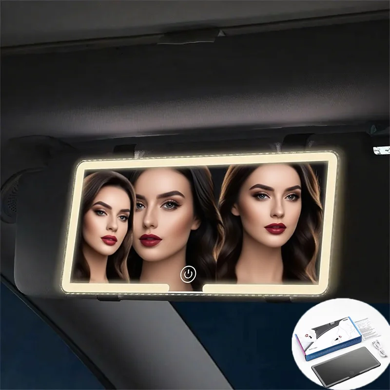 

Car cover plate makeup mirror, LED fill light makeup mirror, high-definition three-speed adjustable carbon fiber texture mirror