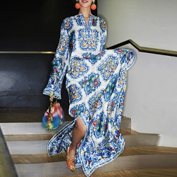 Vintage Pattern Printed High Waist Women's Dress New 2025 Long Sleeved Loose Bohemian Dress Casual Side Split Robe Beach Dresses