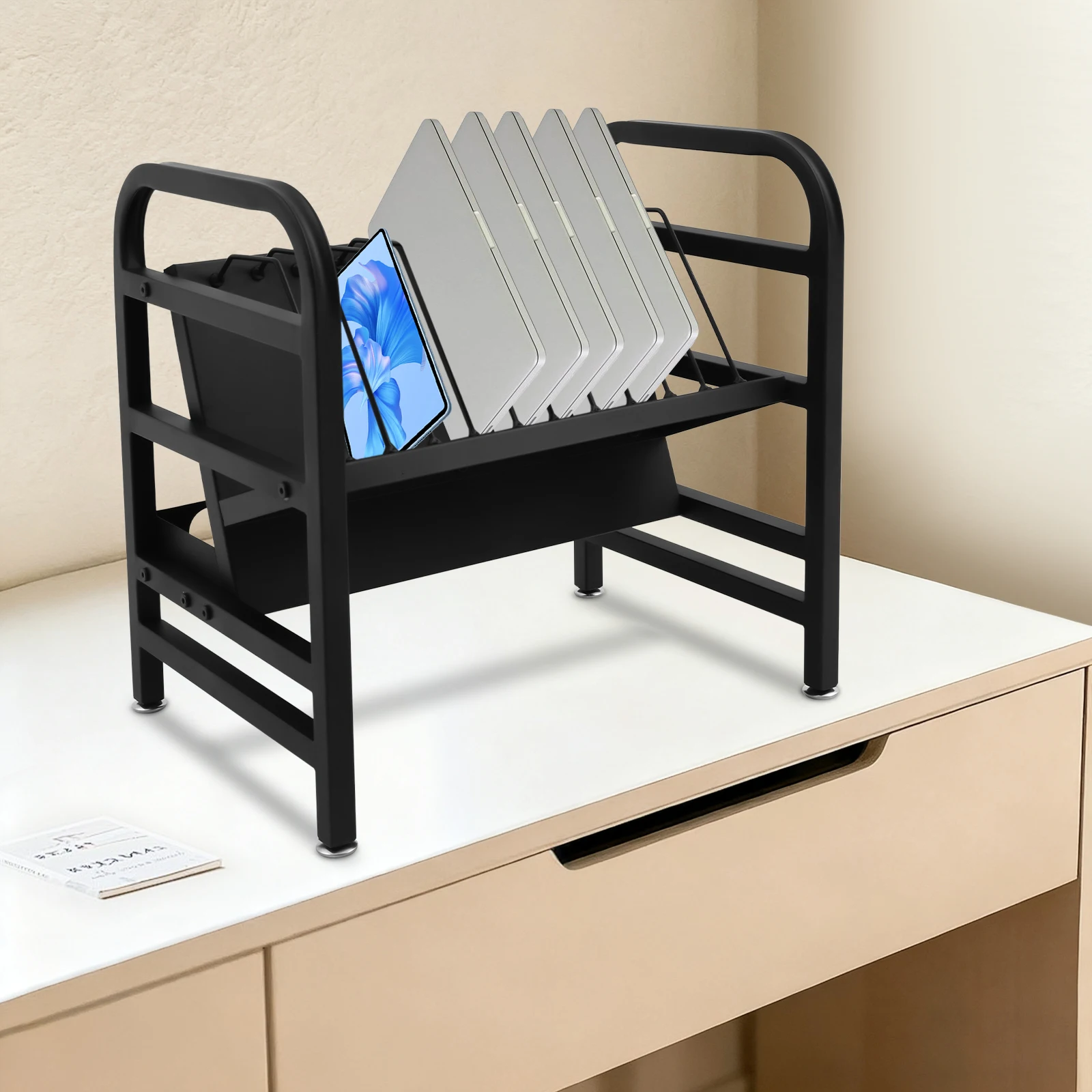 12Slot Tablet Charging Station, Multi-Tier Organizer, Multi-Device Storage Rack with Cable Management for Laptops & Tablets