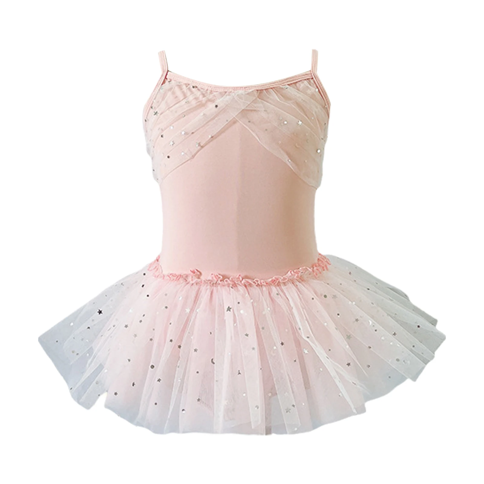 Kids Girls Dance Ballet Practice Training Dress Dancewear Spaghetti-strap Ruched Bodice Sequin Tulle Dress with Built-in Briefs