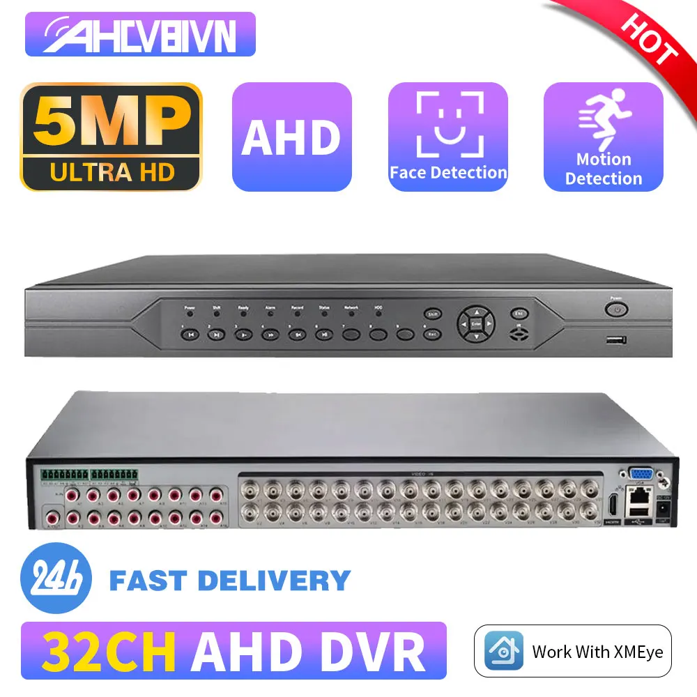 32 Channel CCTV 32CH 5MP For AHD Camera DVR CVI TVI NVR HDMI 6-in-1 Coaxial Hybrid NVR P2P Face Detection Security System XMEye