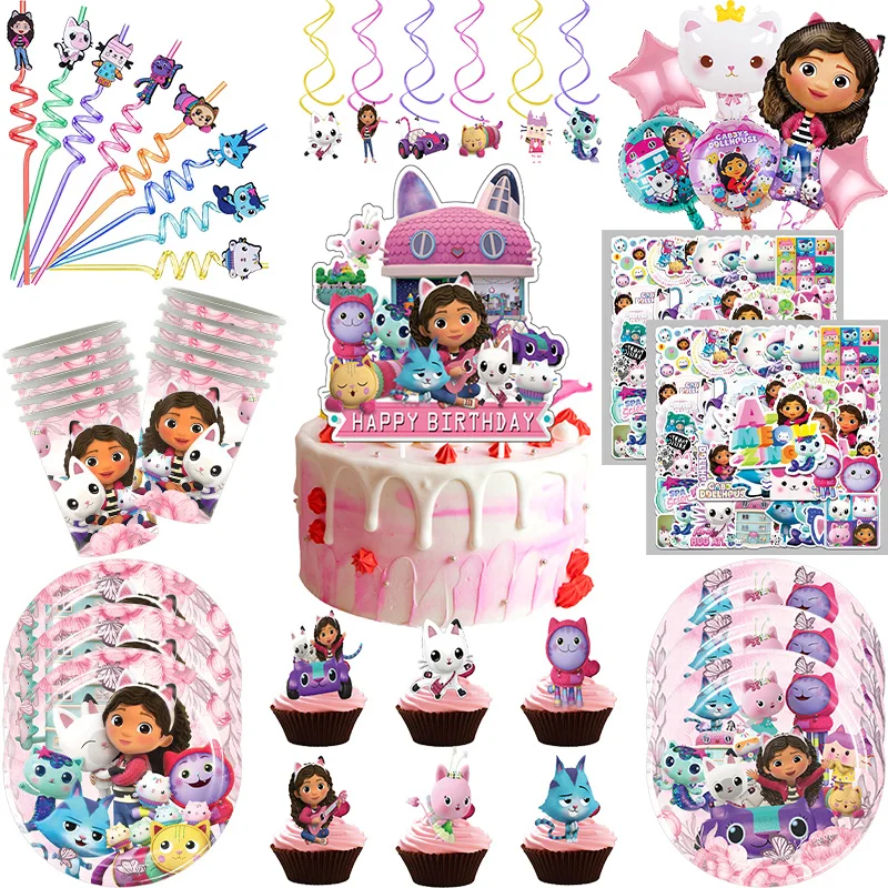 【セール中】ギャビードールハウスデコレーション誕生日猫パーティー用品風船セットプレートバッグ招待状キットギフトテーブルクロスガールテーマバナー