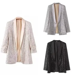 Women Coat Shiny Sequin Long Sleeve Cardigan Open Stitch Long Sleeve Club Spring Autumn Blazer Suit Jacket