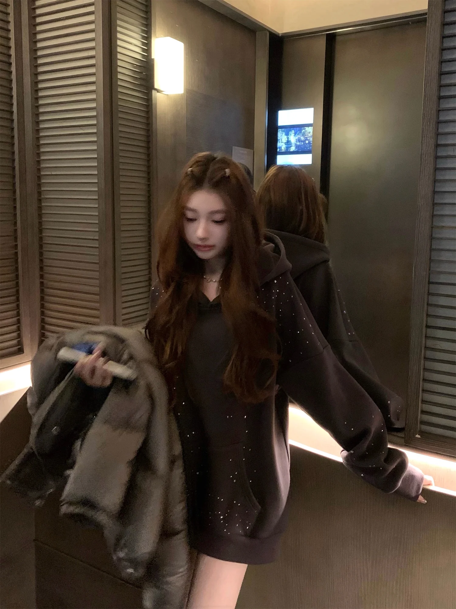 

Chien Fce Lined Hoodie Zip up Jaet Women's Loose Fit Winter Coat ey Diamond Embellied Organic Cotton Long Sve