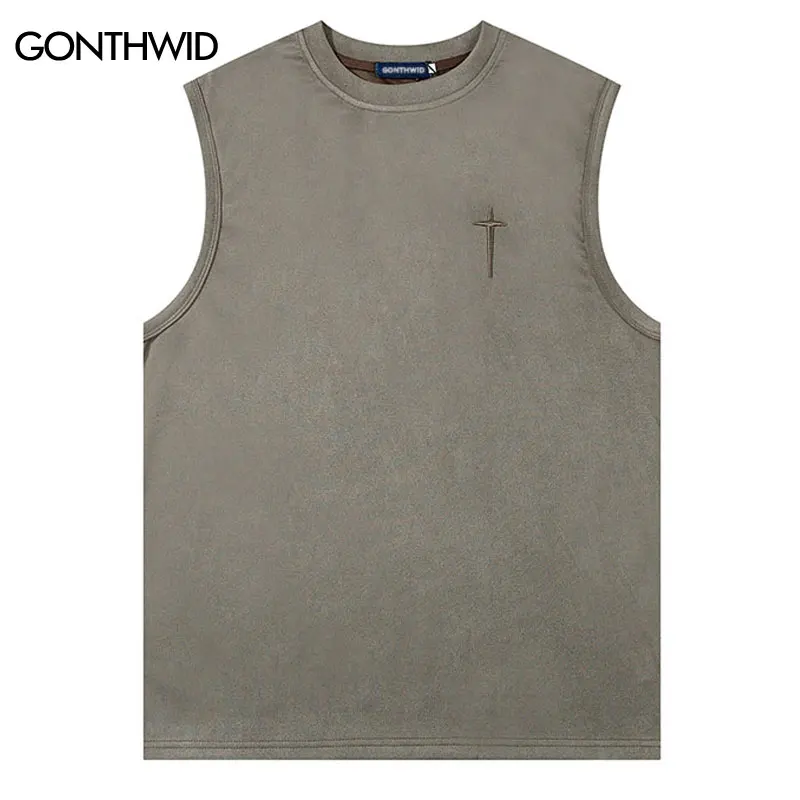 Men Suede Tank Tops Y2K Streetwear Hip Hop Embroidery Letter Sleeveless T-Shirt 2023 Summer Fashion Harajuku Loose Vest