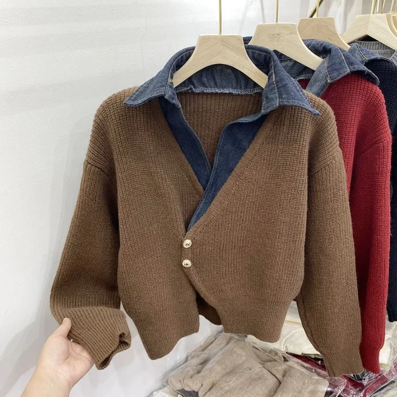 Design Sense Fake Two Piece Lapel Sweater Women's Autumn and Winter New Fashion Temperament Denim Patchwork Knit Top Trend