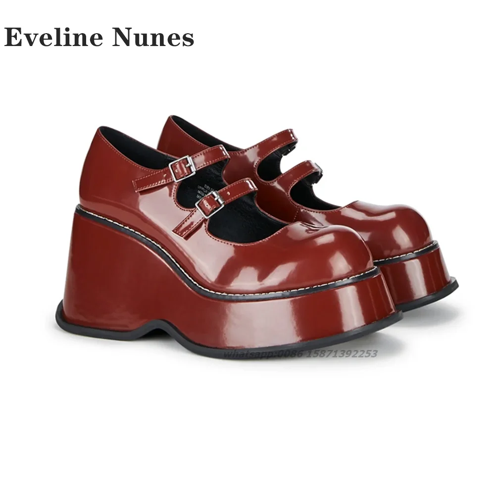 

Burgundy Patent Leather Wedges Pumps Round Toe Height Increasing Belt Buckle Platform Mary Janes Sewing Hollow Women Shoes Nifty