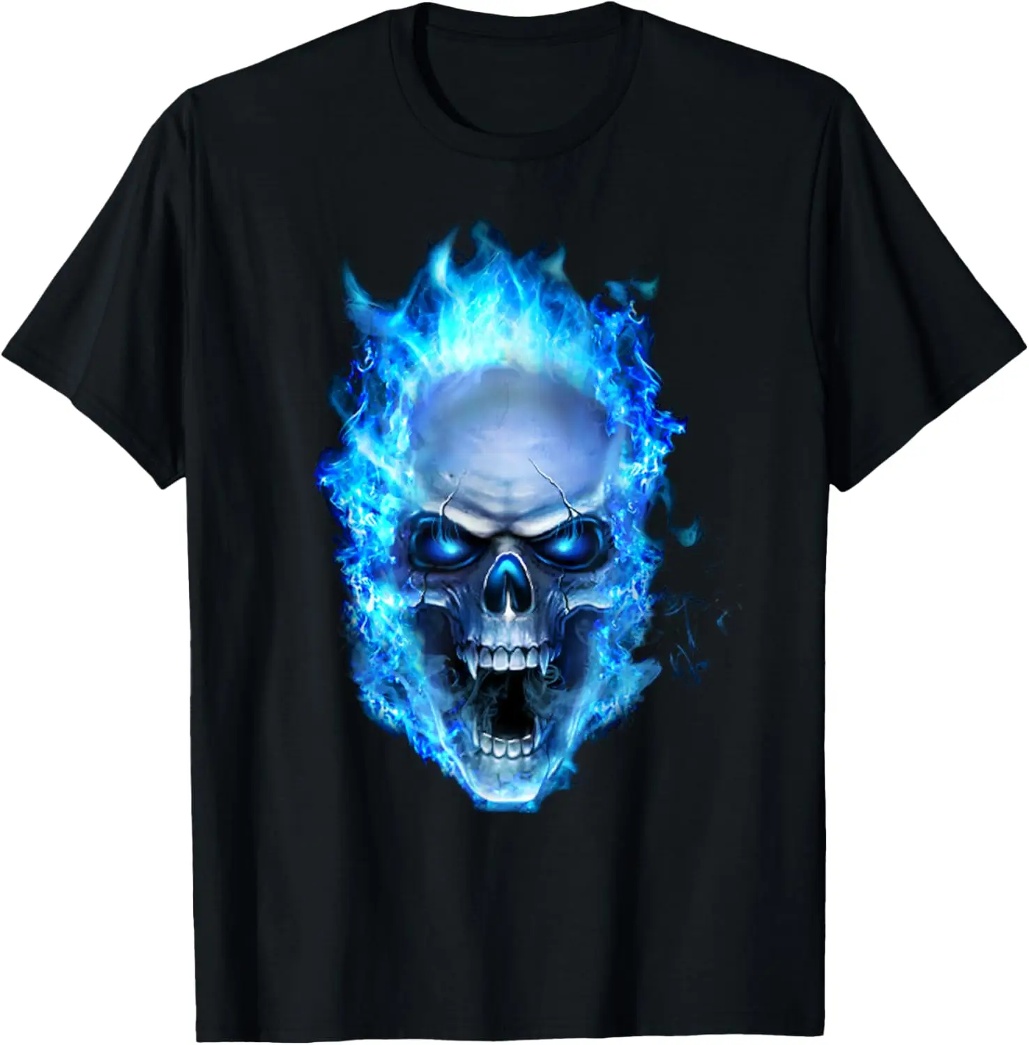 Flaming Blue Skull Graphic T-Shirt